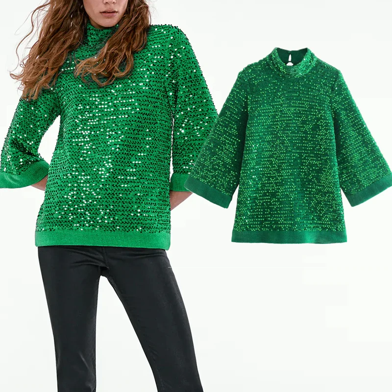 

Fashion Sequined Tops T-shirt Women Top 2021 New O-neck Elegant Green Women T-shirt Top Fashion Chic Street Youth Women Tops