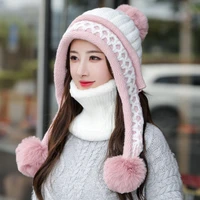 new winter hat rabbit fur keep neck warmer hat set thick beanie cap casual winter hats for women add fur lining warm knitted hat