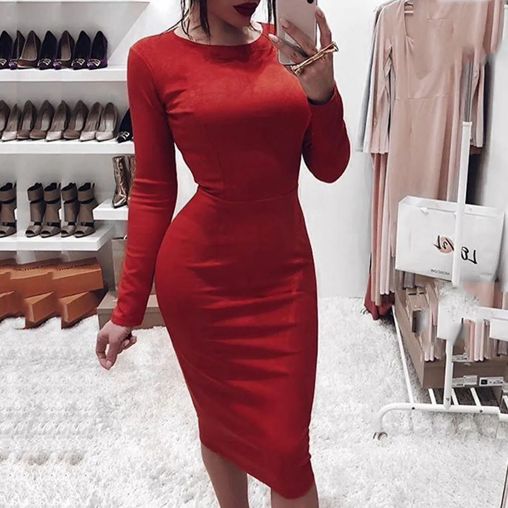 Сексуальное платье Bodycon Женская одежда Осень 2020 Длинный рукав O-образный вырез Свитер Вязаные платья Женщина Вечерняя вечеринка #8.