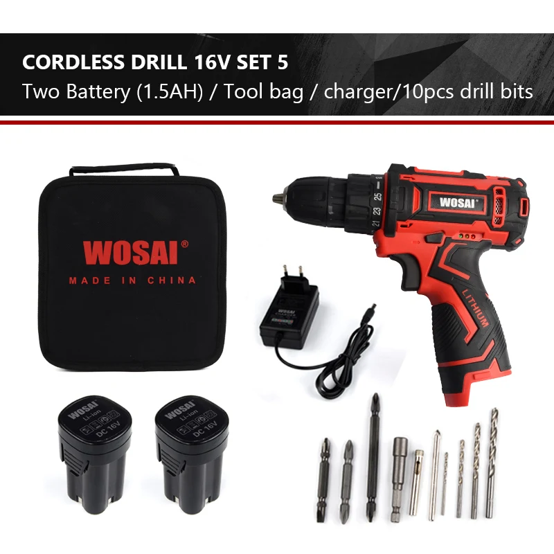 Set 5 WOSAI 16 В аккумуляторная дрель электрическая отвертка мини беспроводной драйвер питания постоянного тока литий-ионный аккумулятор 3/8 дюйма - Цвет: Set 5