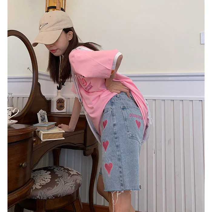 

Shorts Women's 2021 Summer New Loose Love Lace Thin High Waist Straight Jeans Wide Leg Capris