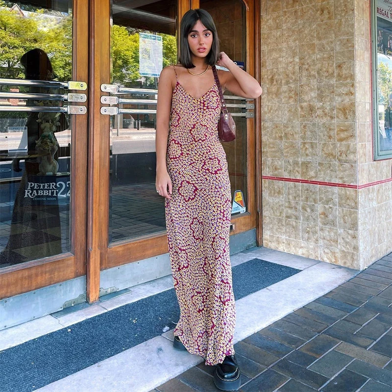 

2021 Floral Print Maxi Dress Boho Women Spaghetti Strap Beach Summer Purple Vintage Backless Elegant Casual Dresses Long
