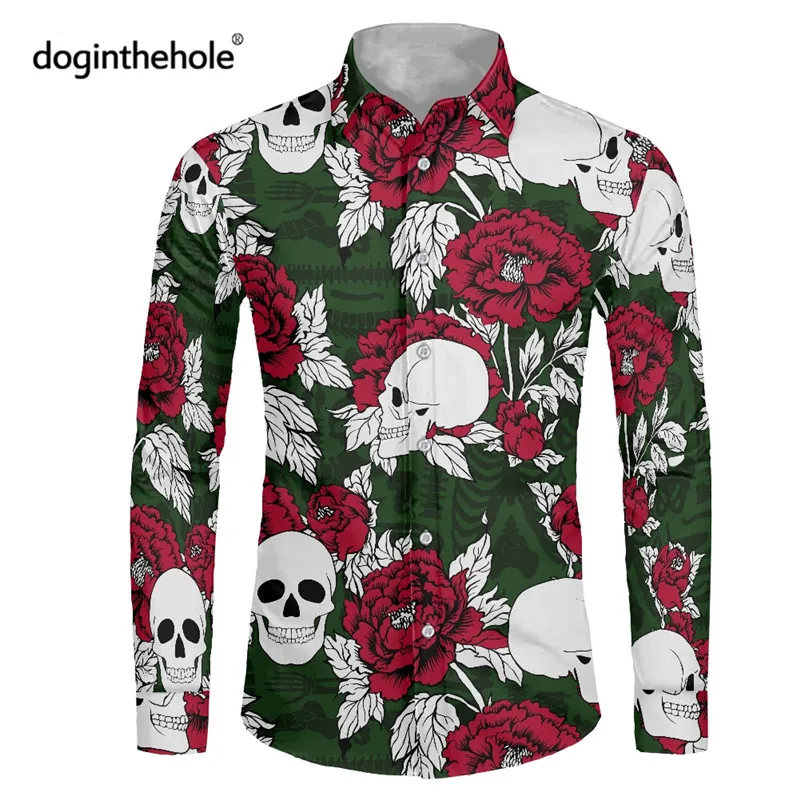 

Doginthehole Gothic Men's Social Blouse Rose Skull Print Long Sleeve Button Shirt Loose 6XL Male Casual Top Camisa Masculina