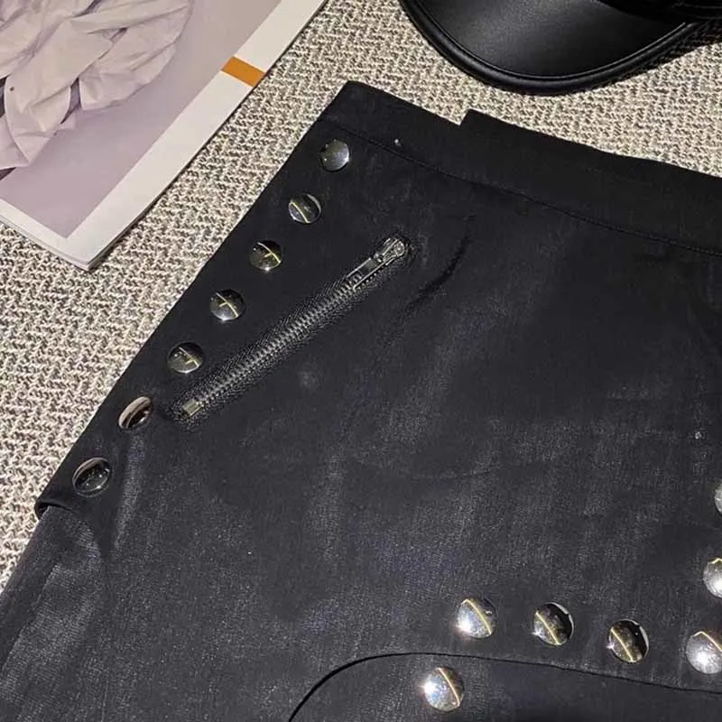 

VGH Casual Patchwork Rivet Black Skirt For Women High Waist Asymmetrical A Line Mini Skirts Female Summer Fashion 2021 Style New