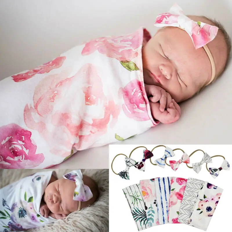 

2pcs Newborn Baby Cute Swaddle Blanket Sleeping Swaddle Muslin Wrap+Headband 0-2M New