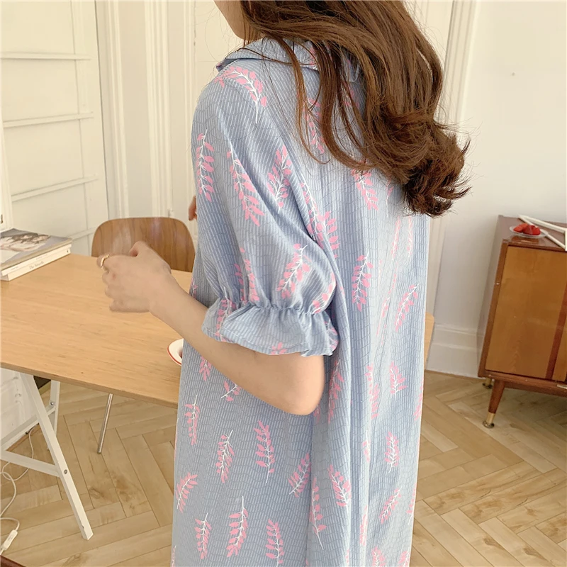 

Harajpee Women Pajamas 2021 Summer Korean Simple Sweet Ins Style Fresh Leaf Print Comfortable Short-Sleeved Home Wear Nightdress