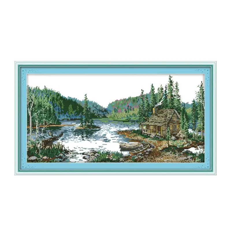 

With lake and hills cross stitch kit lanscape garden 14ct 11ct count printed canvas stitching embroidery DIY handmade needlework