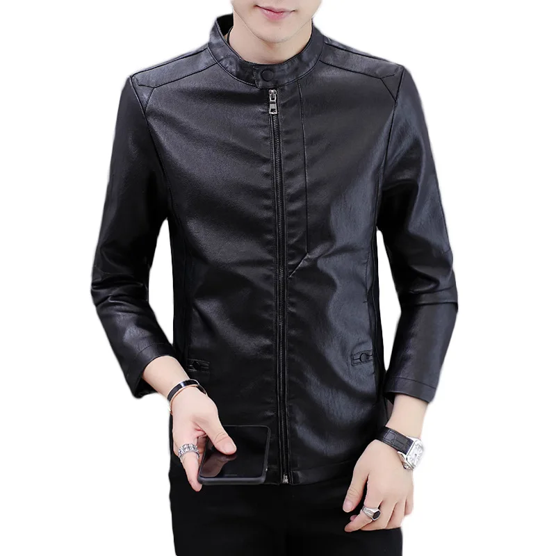

dong Qiu men's leather jackets and fleece thickening han edition handsome coat collar locomotive suit pure color man