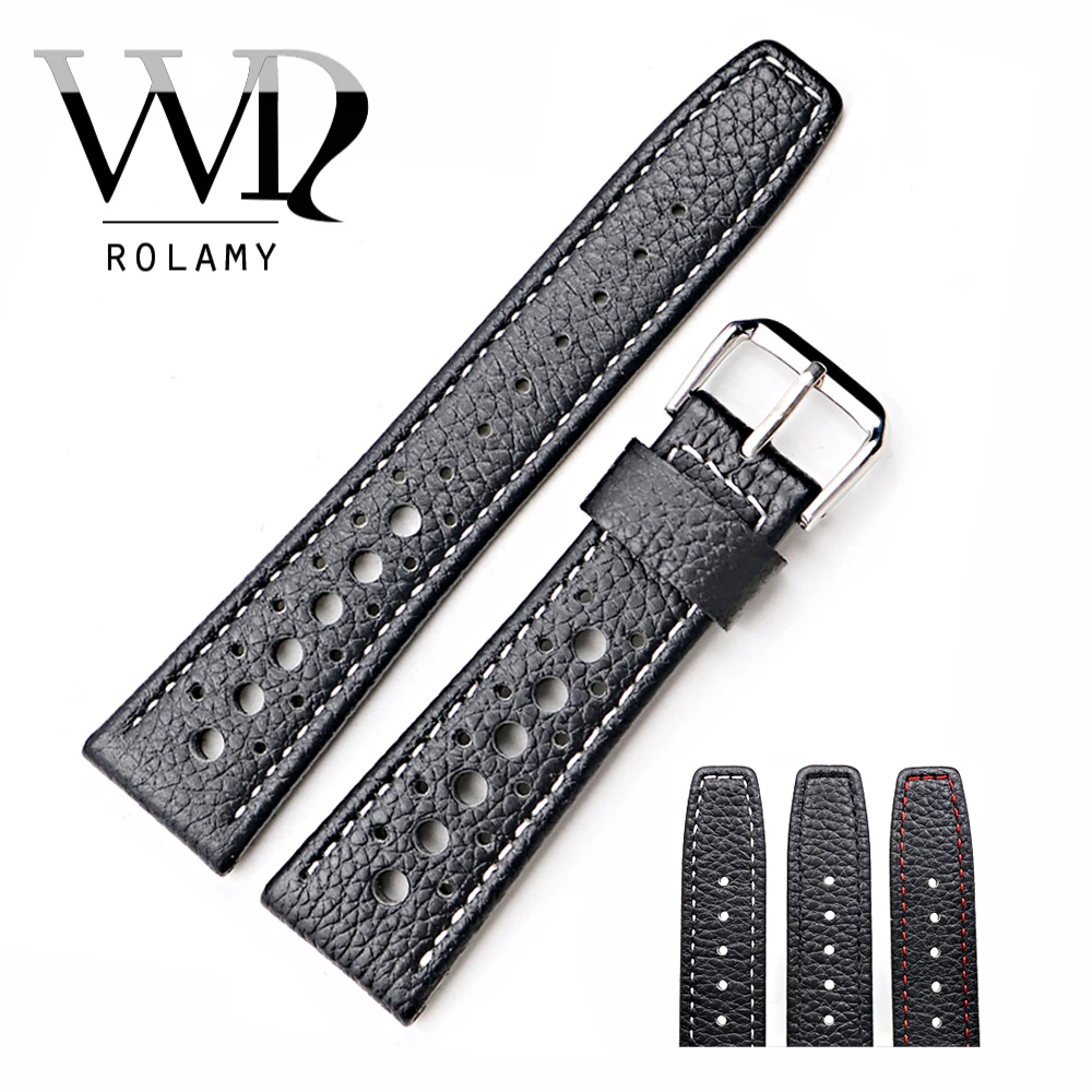 

Rolamy 20 22mm Real Calf Leather Black with White Red Stitches Wrist Watch Band Strap Belt For Tag Heuer IWC DW Longines Seiko