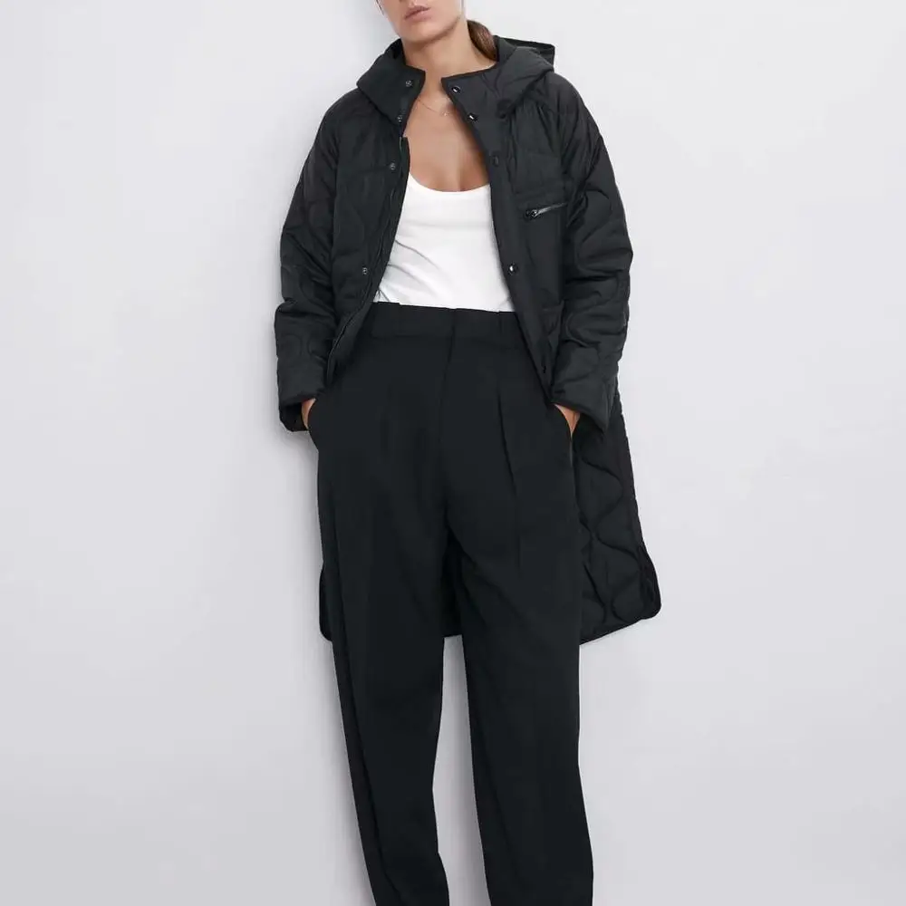 Женская длинная куртка с капюшоном ZA черная Повседневная приталенная хлопковая