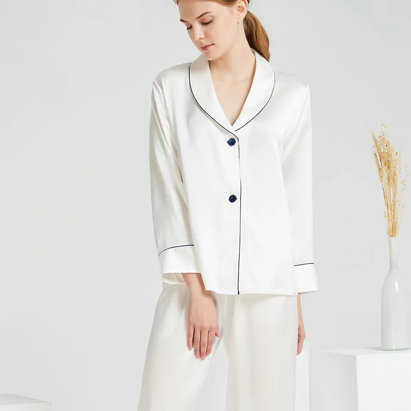White 100% Silk Sexy 2PCS Pajamas Suit Women New Turn-down Collar Tops&pants Casual Lounge Nightwear Silky Soft Sleep Set