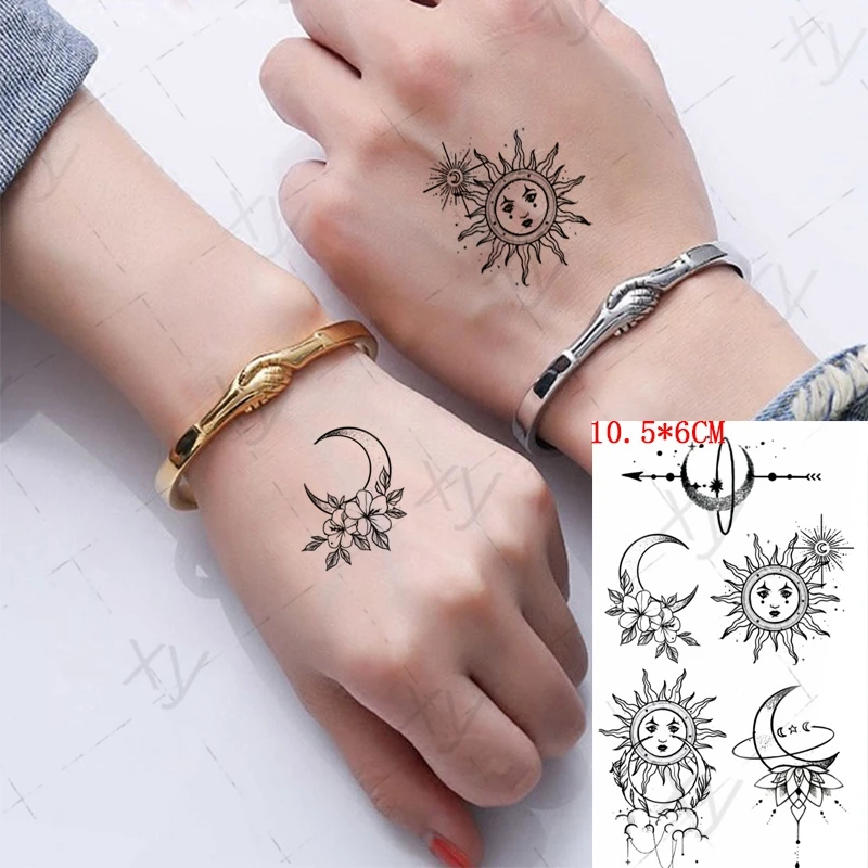 Водостойкая временная татуировка наклейка Ins солнце бог полумесяц черная