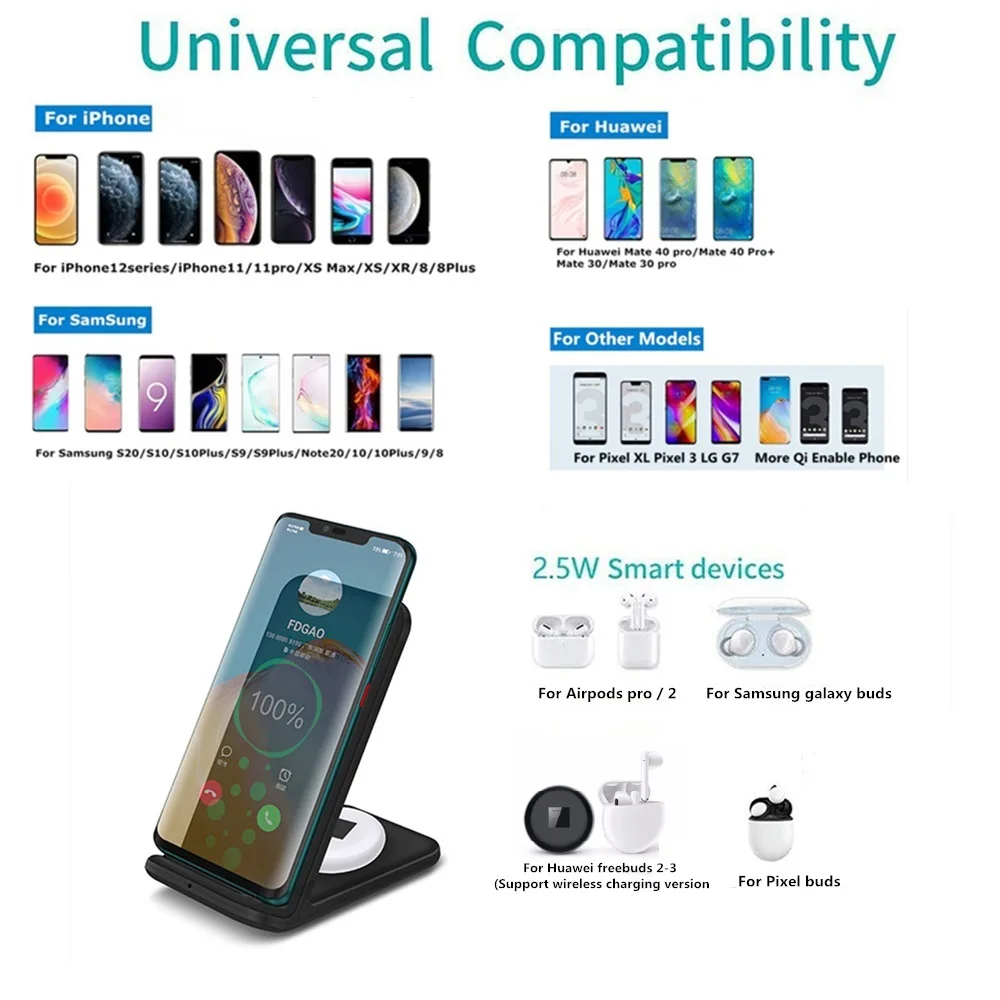 Беспроводное зарядное устройство FDGAO 15 Вт Qi 2 в 1 быстрая зарядка USB C для Airpods Pro Galaxy