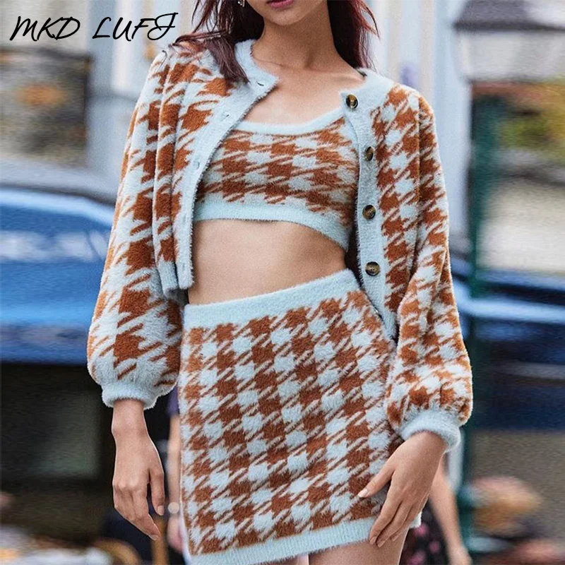 Женский короткий жилет в клетку пальто с длинным рукавом и мини-юбка комплект из 3