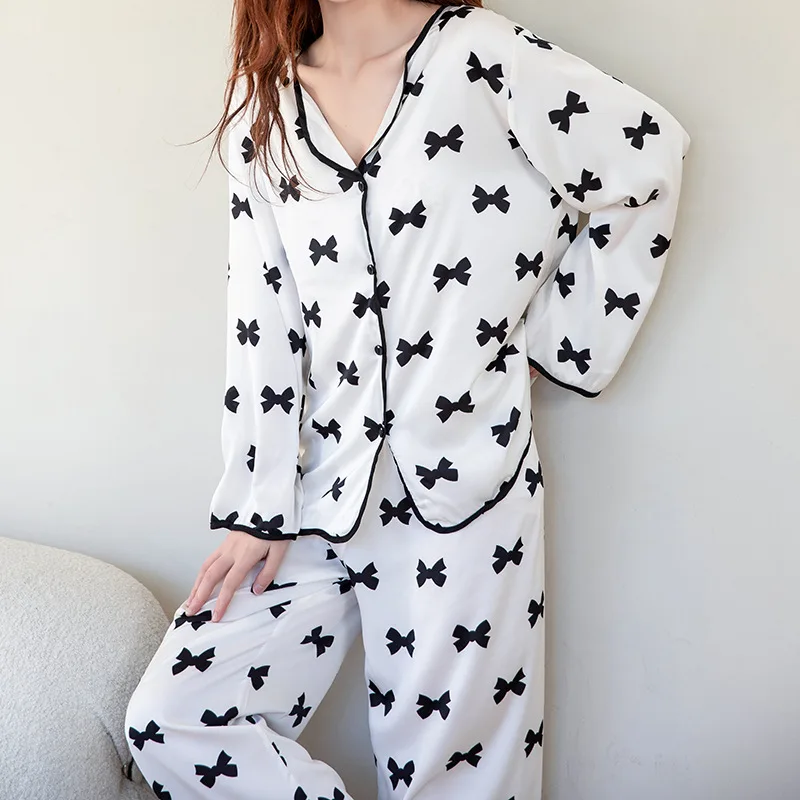 

Women Outfits Nightwear Thin Long Sleeve Pyjamas Pajamas Suit Female Sleepwear Satin Pj's Sets With Pants 2PCS Home Wear Suits