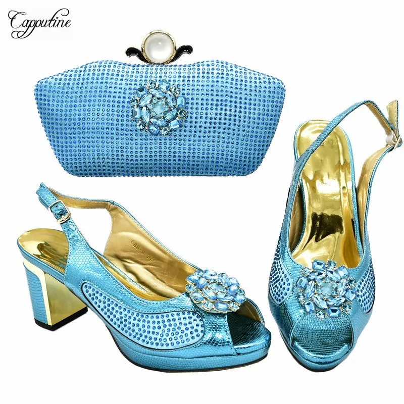 Популярные небесно голубой Африканский высокий каблук сандалии с сумочкой в