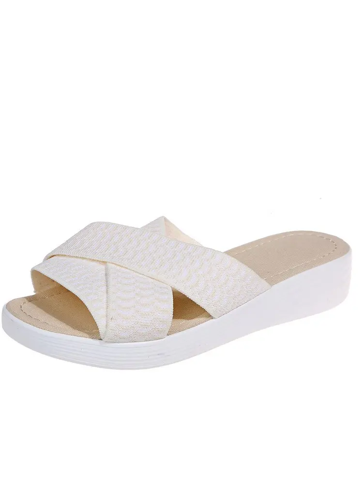 

Peep Toe Big Size Shoes Summer Clogs Woman Ladies' Slippers Low Platform On A Wedge Pantofle Beach Flat 2021 Slides Fabric Rubbe