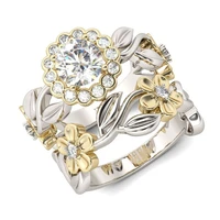 trendy two tone crystal flower statement rings set for women luxury rhinestone noble women wedding engagement jewelry gifts