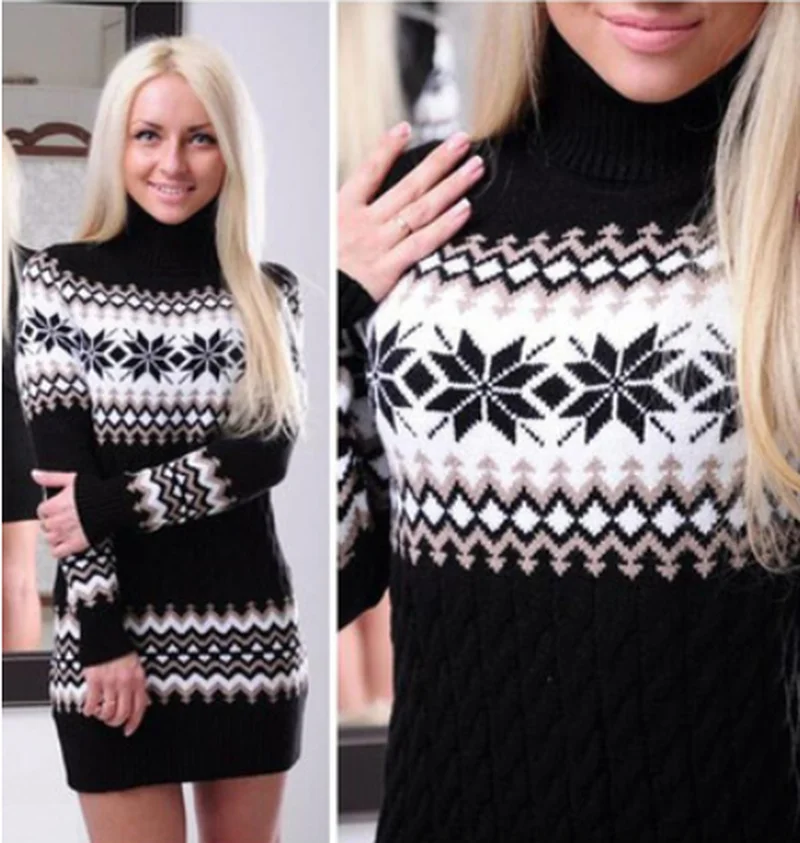 ZOGAA Long Sweater Women 2019 Winter Turtleneck Knitted Christmas Turn-down Collar Printed Pullovers Female Jumpers | Женская одежда