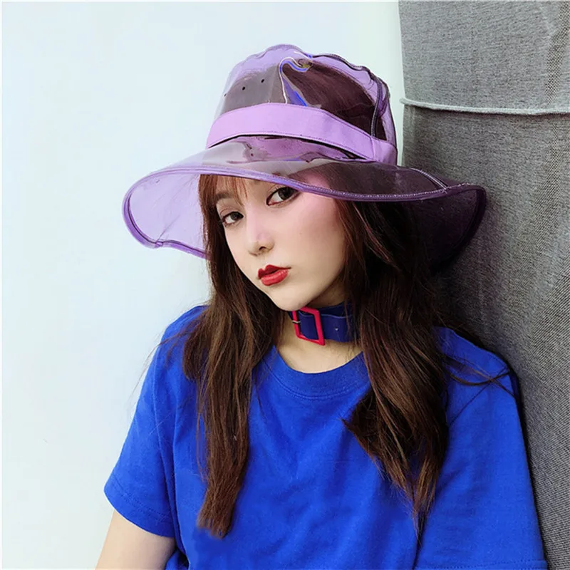 solid transparent womens buckets hats caps girls gorras ladies pvc beach sun visor waterproof rain hat plastic wide brim cap free global shipping