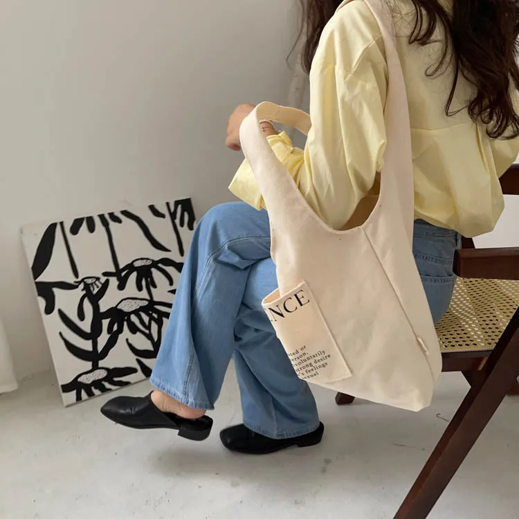 

Ladies Canvas Shopping Bag Female Retro English Letter Printing Handbag Women Eco-Friendly Grocery Bag Large Totes for Girls