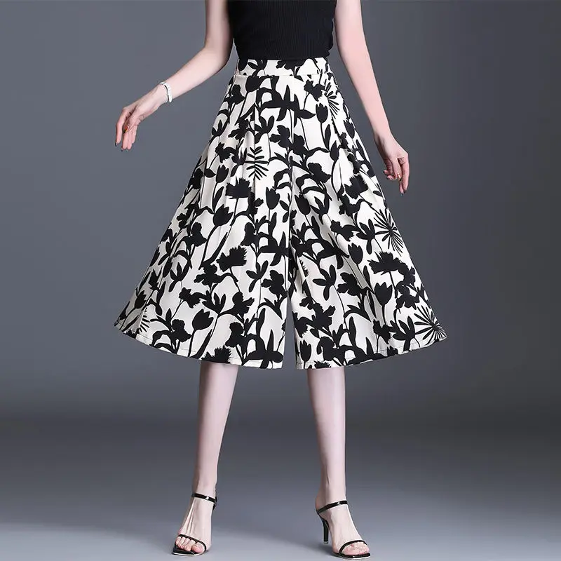 

Printed Summer Ladies Wide Leg Crop Pants And Capri Pants High Waist Loose Casual Thin Chiffon Trousers 2021 New Plus Size ZH593