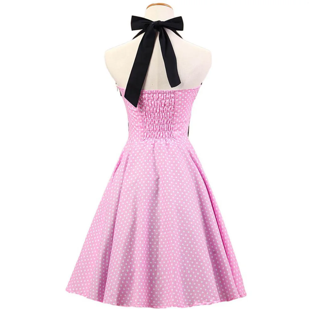 Женское винтажное платье с лямкой на шее розовое короткое в горошек стиле