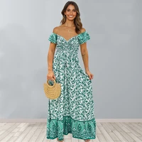 2022 new women summer long dress floral short sleeve strapless ankle length casual wear night part dress clothes beachwear