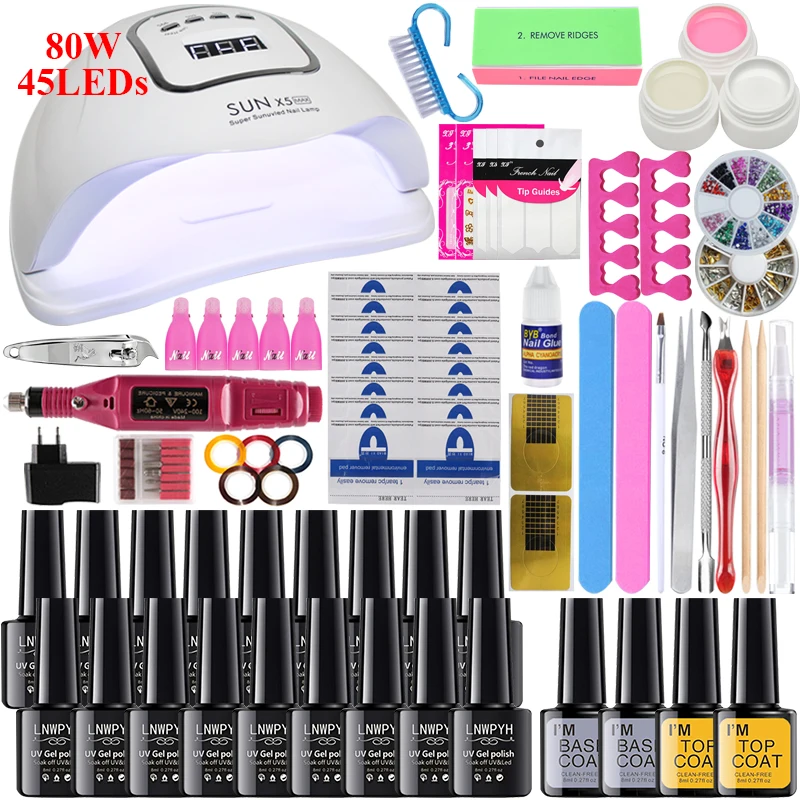 Маникюрный набор впитывающий Гель лак для ногтей 80 Вт УФ Светодиодная лампа 18/10/6