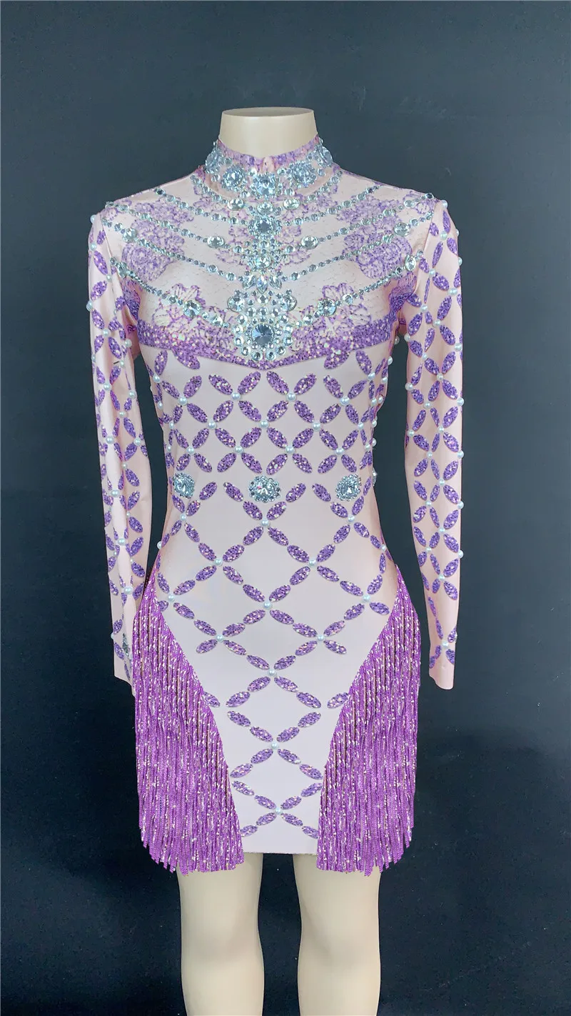 

7 Colors Rhinestones Fringes Evening Party Mini Dress Women Birthday Celebrity Costume Singer Dance Stage Princess Dress 2021