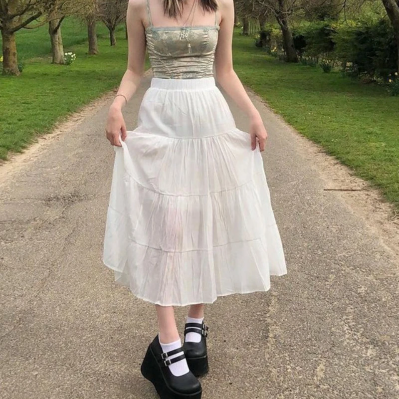 

Dourbesty y2k Fairycore White Skirts Chiffon Pleated Patched Kawaii Mid-Claf Skirts Grunge Party Holiday Chic Skirts for Women