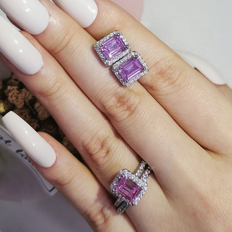 

2pcs Pack silver color bride Jewelry set halo Engagement ring round stud earring for Wedding christmas gift party J7009-pink