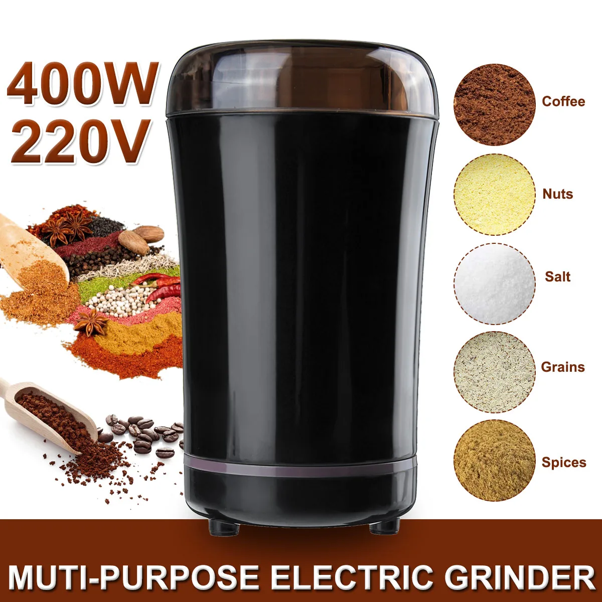 

400W Kitchen Electric Coffee Grinder Mini Salt Pepper Grinder Nuts Coffee Bean Powerful Grind Machine Electronic EU AU Plug