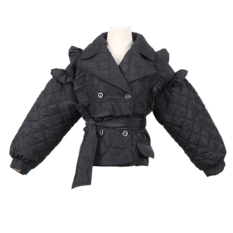 

CHICEVER Sweet Patchwork Cotton Coat For Women Lapel Lantern Long Sleeve Argyle High Thick Fungus Coats Female Fashion New Style