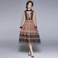 2021 summer women sweet temperament peter pan collar dresses mesh dot bow long sleeve slim female elegant dresses