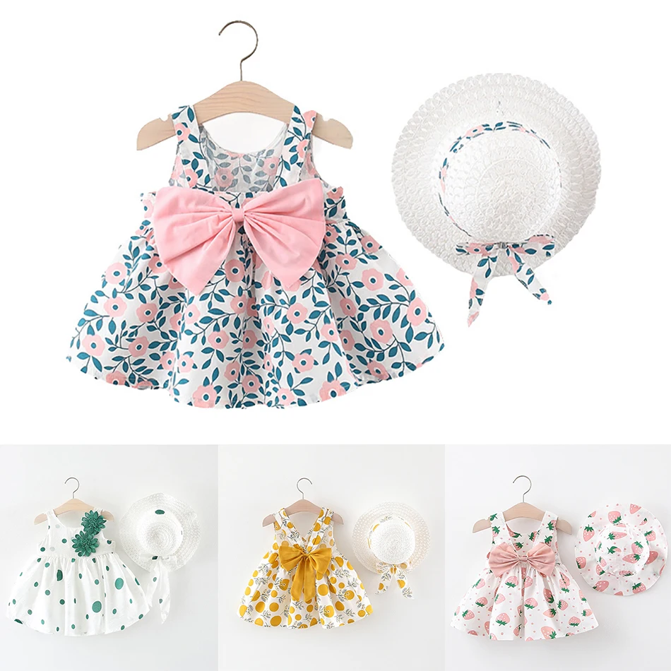 

Princess Dress Summer Girl Kids Sleeveless Print Floral Birthday Party With Hat 2Pcs Toddler Girl Clothes Baby Girls Dress 2021