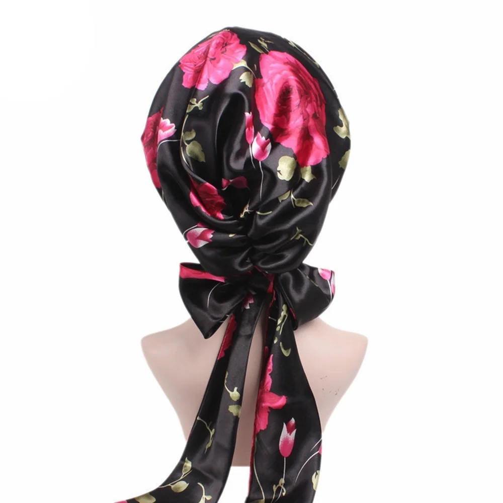 

2pcs Ribbon Bowknot Nightcap Satin Sleeping Cap Chemotherapy Cap Hats for Girls (Black Floral Printing + Black)
