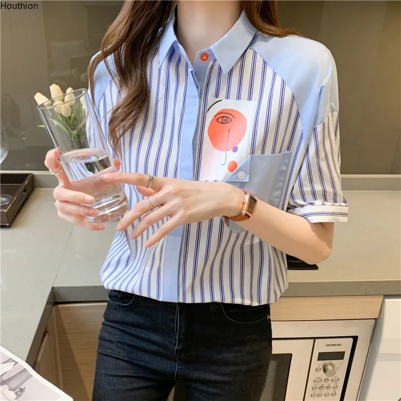 

Шифоновые облегающие Женские блузки, полосатая Лоскутная рубашка-поло на пуговицах, модный топ с коротким рукавом, летняя новая Повседневн...