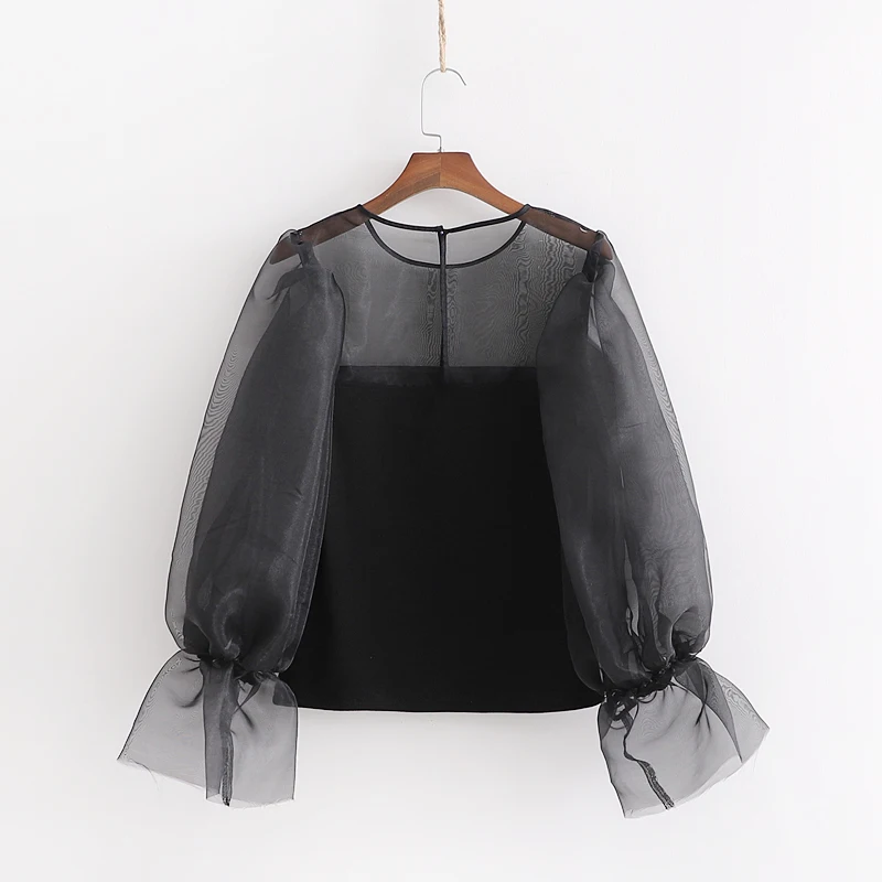 Женская Осенняя модная блузка из органзы с круглым вырезом и расклешенными