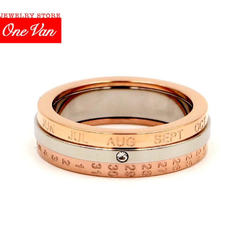 

2020 Fashion Design Date Ring Titanium Rotation Calendar and Steel High Quality Rose Color Middle Silver Brand Ring Woman