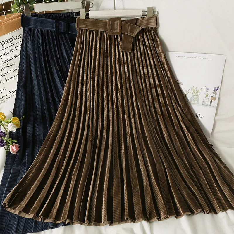 

Vintage Velvet Pleated Long Skirt Women High Waist With Sashes Solid Bottom Loose Streetwear Harajuku Maxi Skirts Female
