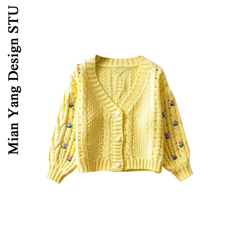 

Autumn and Winter Heavy Industry Crocheted Small Sweater Retro High Waist Girl Crocheted Sweater Ins Non-mainstream Jacquard