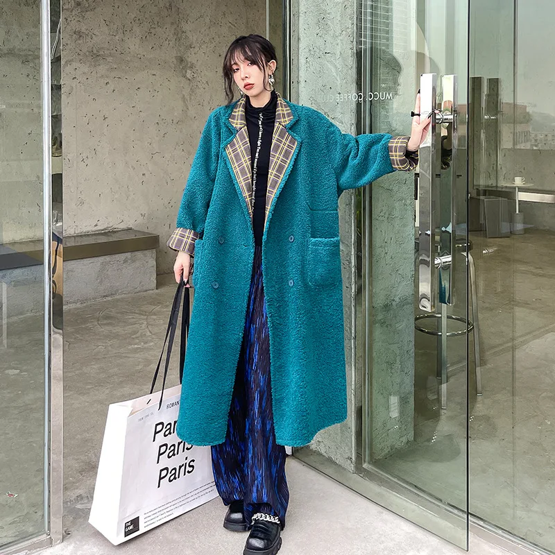 

Double Sided Lambwool Splice Plaid Long Trench Coat Autumn Winter Women Streetwear Plus Size Loose Thick Overcoat Jacket 8837