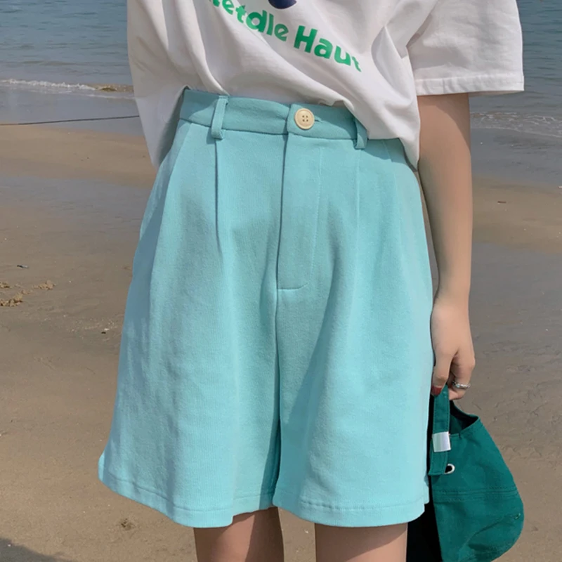 

Loose Folds High Waist Five Points Pants Woman's Straight Simplicity Solid Wide Leg Shorts Woman Casual Sandy Beach Shorts Women