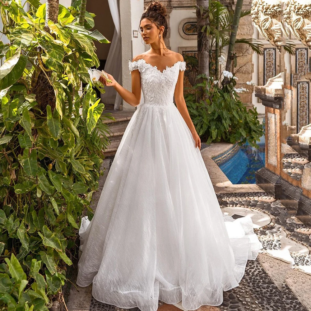 

Princess A-Line Wedding Dress V-Neck Off the Shoulder Appliques Zipper Bridal Gowns 2021 Vestido De Noiva