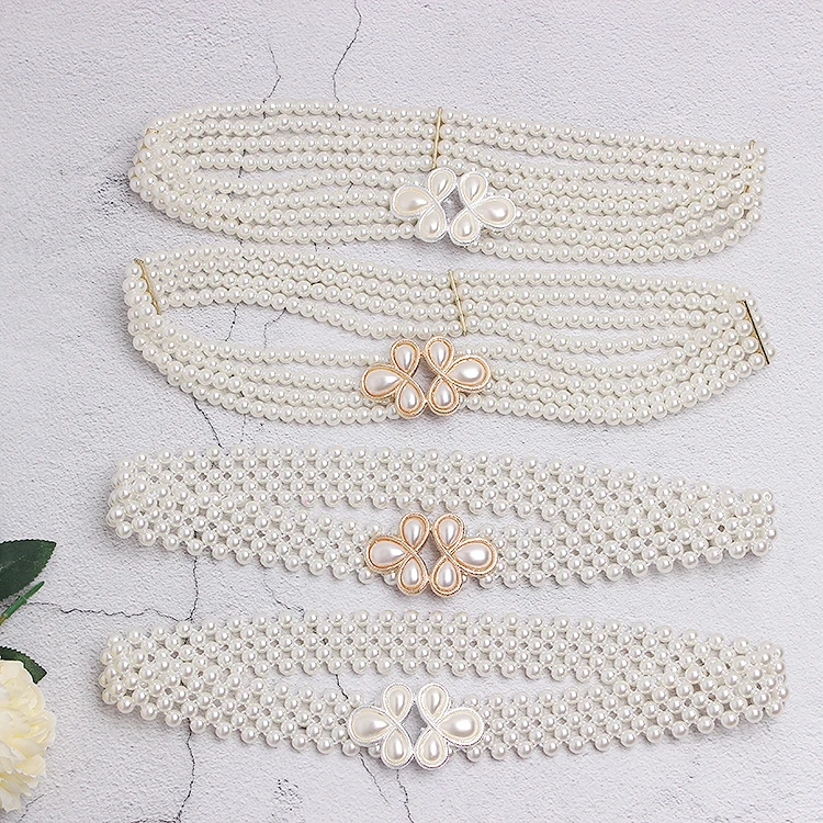 

2020 Wide layered Weaving Pearl Waist Belts Women Elastic Strech girdle Flower Metal Buckle Hook Dress Shirt Belt Decoration New