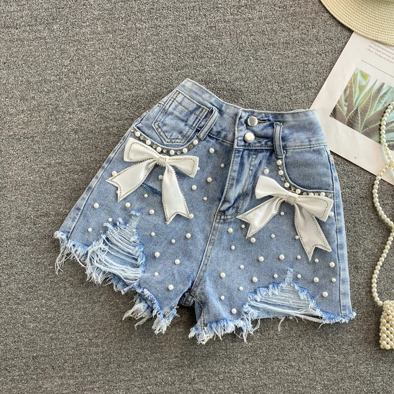 

High Waist Denim Short Pants For Women 2021 Summer New Style Bow Beading Pearl Sexy Fashion Night Club Female Wide-Leg Pants