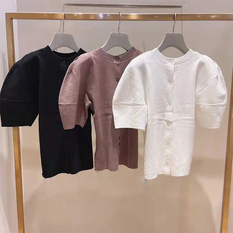 

2021 New Elegant Solid Women Blouses Sweet Puff Sleeve Single Breasted Knit Cardigan Elegant Fashion All-match Loose Top