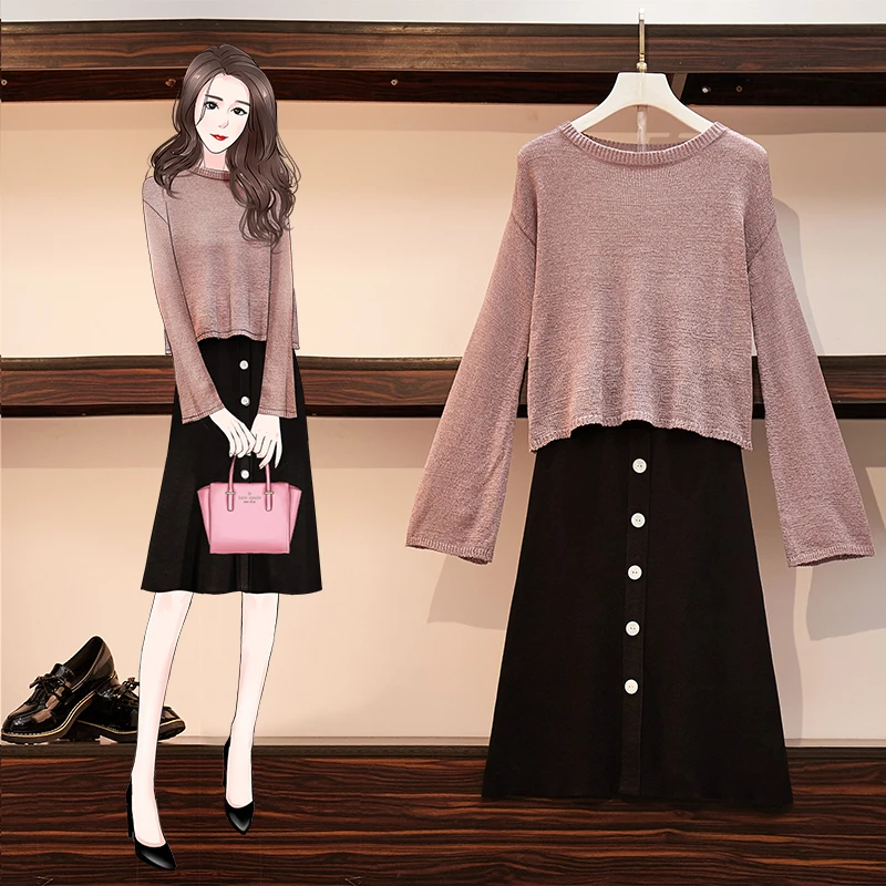

New Autumn Summer Women Loose Top Sweater & Black Long Skirt Outfit Knitwear Plus Big Bigger Sizes Two Pcs Leisure Suits
