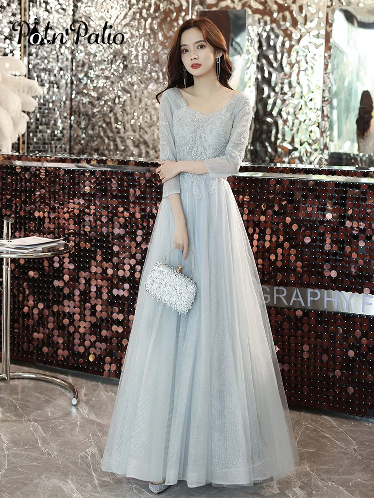 

Silver Gray Long Sleeve Prom Dresses 2021 Elegant Square Neck Floor-Length Tulle Women Evening Gowns With Appliques For Wedding